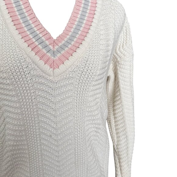 Eddie Bauer Vintage Womens V-Neck Knit Sweater With Pink & Gray Stripes 100% Cot - Picture 2 of 5